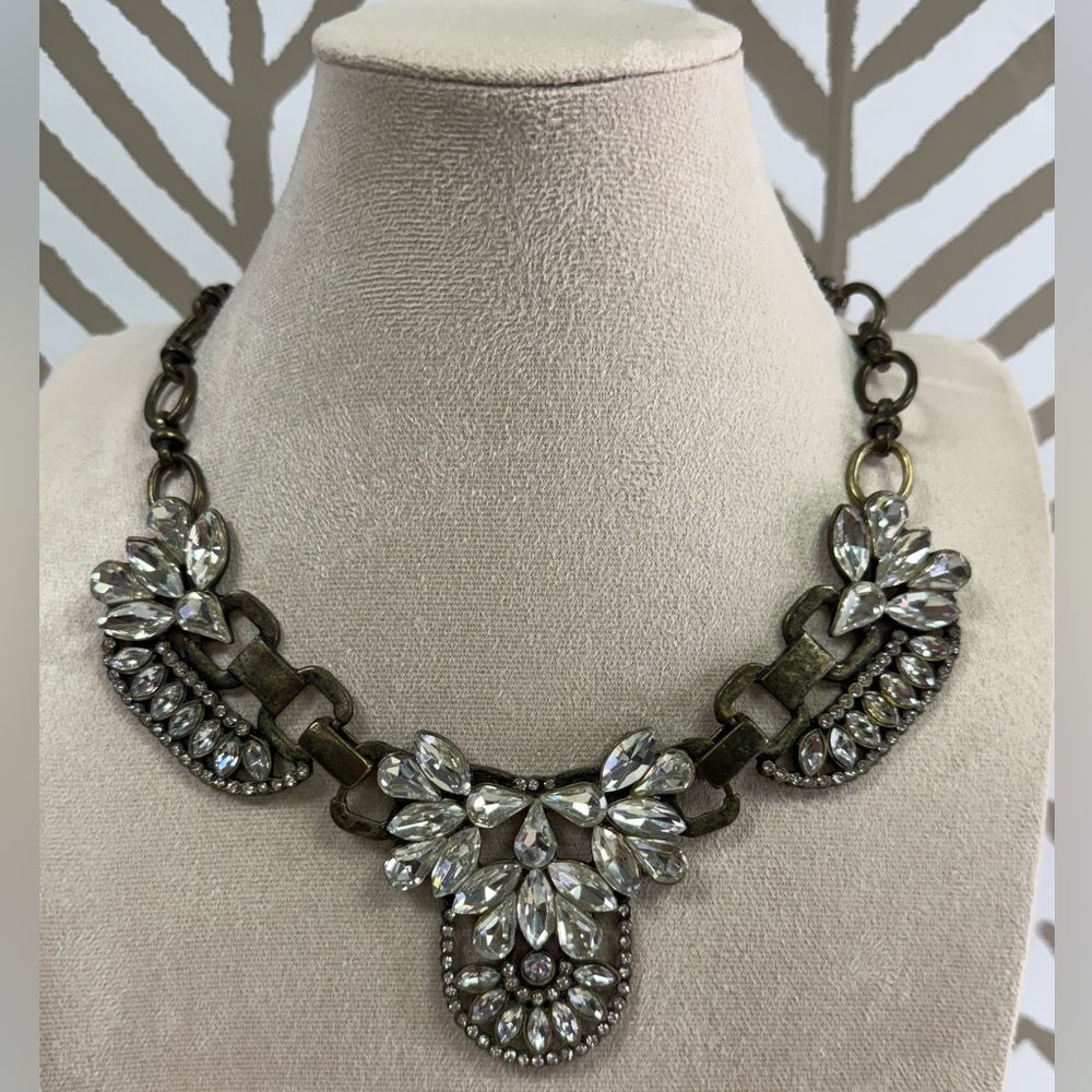 J Crew Crystal Antique Brass Bronze Statement Bib Necklace